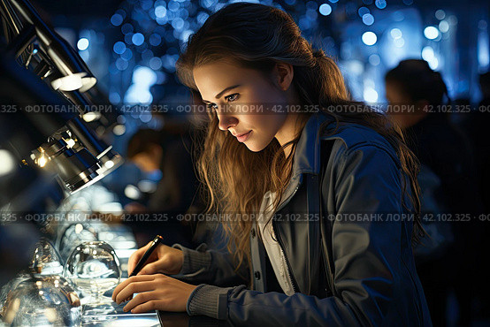 Chemical laboratory scene: attractive young PhD student scientist observing the blue indicator color shift in the glass tube. Стоковое AI-изображение, AI-художник Ирина Михайличенко / Фотобанк Лори