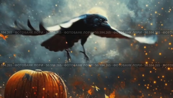 Черный ворон взлетает с большой тыквы и улетает в лунную осеннюю ночь. Хэллоуин. Стоковое AI-видео, аниматор Щеголева Ольга / Фотобанк Лори
