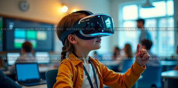 Child engaging with virtual reality education technology in classroom, students learning with innovative digital tools, interactive VR experience for young learners. Стоковое AI-изображение, AI-художник Павел Муравьев / Фотобанк Лори