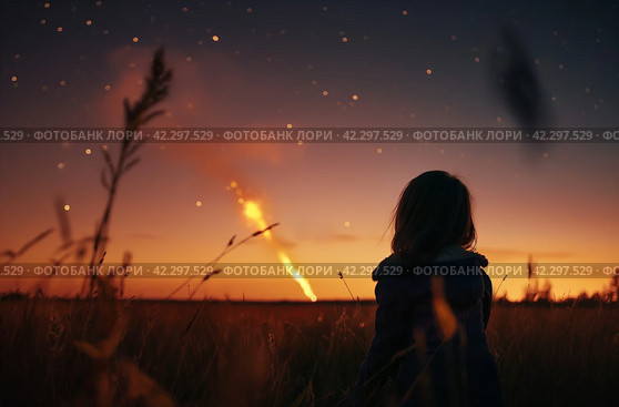 Child gazes at fiery meteorite. Стоковое AI-изображение, AI-художник Данил Руденко / Фотобанк Лори