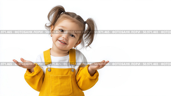 Child in yellow overalls smiles and gestures with hands indoors. Стоковое AI-изображение, AI-художник Katsiaryna Repich / Фотобанк Лори