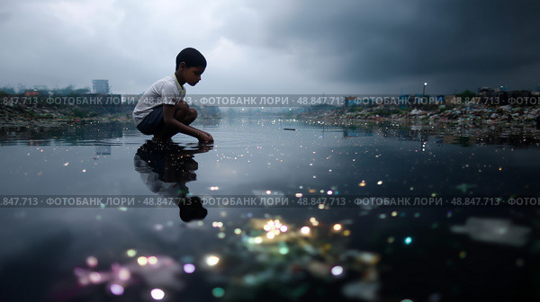 Child playing in polluted water beside a slum during cloudy weather in an urban area at dusk. Стоковое AI-изображение, AI-художник Сергей Толмачёв / Фотобанк Лори