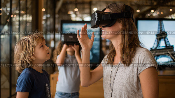 Child using virtual reality headset for metaverse, child looking into VR glasses. Little girl boy with futuristic glasses having fun, teenager playing video games. Technology, simulator, oculus future. Стоковое AI-изображение, AI-художник ALLA YURTAYEVA / Фотобанк Лори