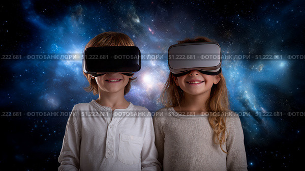 Child using virtual reality headset for metaverse, child looking into VR glasses. Little girl boy with futuristic glasses having fun, teenager playing video games. Technology, simulator, oculus future. Стоковое AI-изображение, AI-художник ALLA YURTAYEVA / Фотобанк Лори