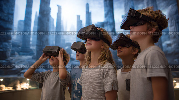 Child using virtual reality headset for metaverse, child looking into VR glasses. Little girl boy with futuristic glasses having fun, teenager playing video games. Technology, simulator, oculus future. Стоковое AI-изображение, AI-художник ALLA YURTAYEVA / Фотобанк Лори