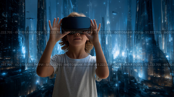 Child using virtual reality headset for metaverse, child looking into VR glasses. Little girl boy with futuristic glasses having fun, teenager playing video games. Technology, simulator, oculus future. Стоковое AI-изображение, AI-художник ALLA YURTAYEVA / Фотобанк Лори