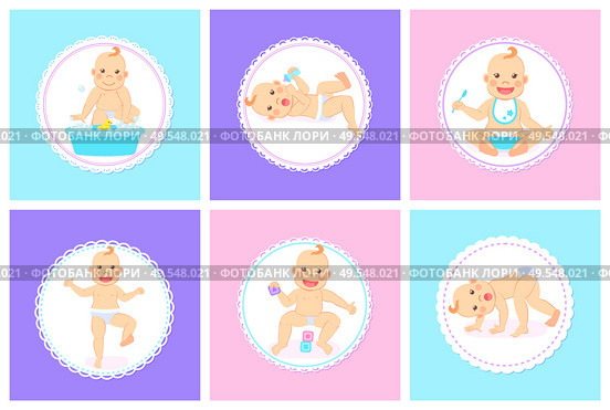 Child with positive face vector, isolated kid playing with cubes for cognitive abilities development, baby holding spoon and eating meal from bowl. Funny Baby Bathing with Duck Toy, Kids Child Set. Стоковая иллюстрация, агентство Ingram Publishing / Фотобанк Лори