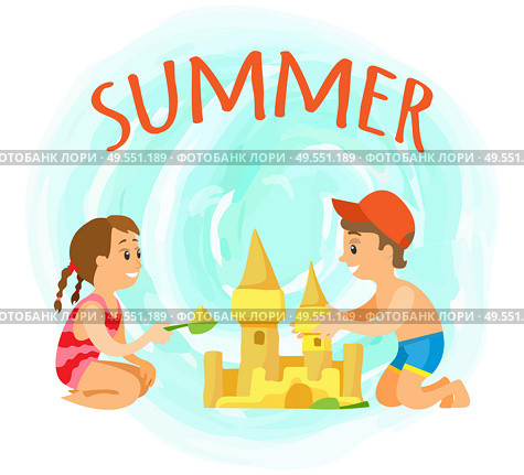 Children building sand castle, summer holidays vector. Boy and girl on beach constructing tower with scoop, kids in swimwear, outdoor activity at seaside. Red text summer. Summer Holidays, Children Building Sand Castle. Стоковая иллюстрация, агентство Ingram Publishing / Фотобанк Лори
