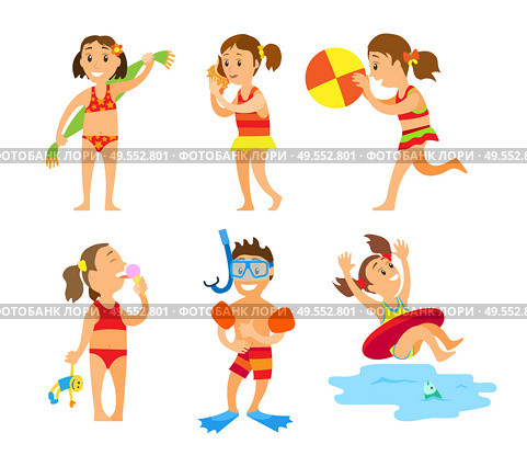 Children on summer vacation vector, isolated kids boys and girls wearing swimming suits and playing games. Volleyball and snorkelling, kiddo with towel. Girls and Boys on Vacation Swimming Kids in Summer. Стоковая иллюстрация, агентство Ingram Publishing / Фотобанк Лори