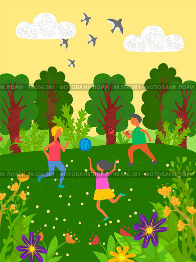 Children playing in group vector, boys and girls with inflatable ball outdoors activities of kids, swallows flying in sky. Forest with trees and flowers. Kids Playing in Park, Playground Children Vector. Стоковая иллюстрация, агентство Ingram Publishing / Фотобанк Лори