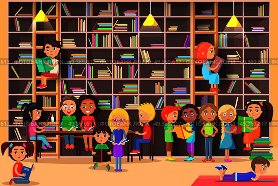 Children read in the library vector illustration. Kids study in atheneum. Clever young boys and girls read books. Schoolchildren self education. Public room with bookshelves. Wisdom friends. Literature. Children Read in the Library Vector Illustration. Стоковая иллюстрация, агентство Ingram Publishing / Фотобанк Лори