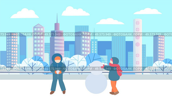 Children standing and playing together in winter urban park. Kids sculpting snowman from three different sized snowballs. Beautiful snowy landscape on background. Vector illustration in flat style. Children Sculpting Snowman in Winter City Park. Стоковая иллюстрация, агентство Ingram Publishing / Фотобанк Лори