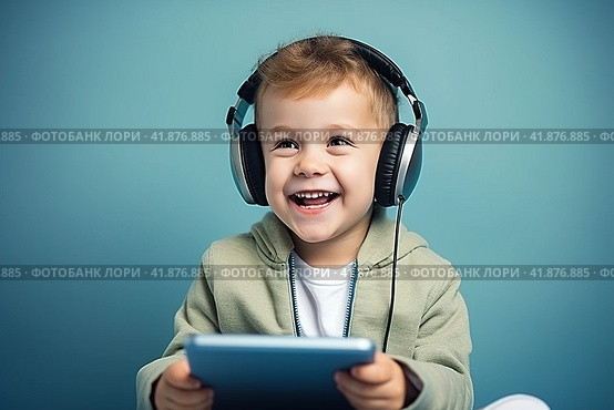 Children with gadgets, Alpha generation, Digital Aborigines - people born after the digital revolution and accustomed to gadgets from an early age. Стоковое AI-изображение, AI-художник Ирина Ручушкина / Фотобанк Лори