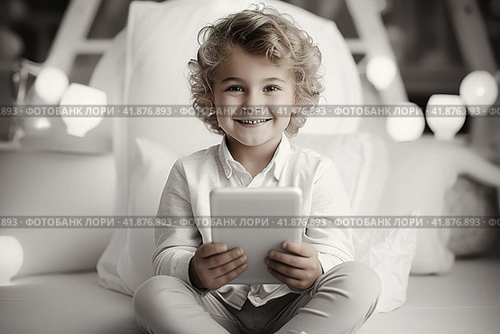 Children with gadgets, Alpha generation, Digital Aborigines - people born after the digital revolution and accustomed to gadgets from an early age. Стоковое AI-изображение, AI-художник Ирина Ручушкина / Фотобанк Лори
