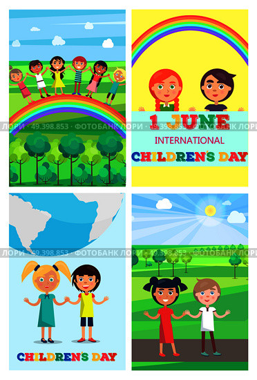 Children’s special day in beginning of summer. Vector colorful poster of four 1 June cards with happy entertaining kids.. Children’s Special Day Colorful Poster of Four. Стоковая иллюстрация, агентство Ingram Publishing / Фотобанк Лори
