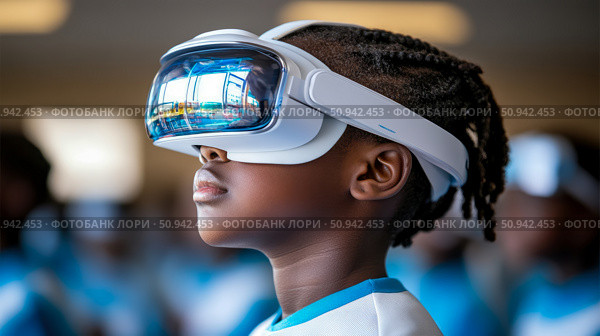 Child's Immersion: An Afro-descendant Boy's Futuristic Experience with a VR Headset in an Indoor Setting. Стоковое AI-изображение, AI-художник Данила Большаков / Фотобанк Лори