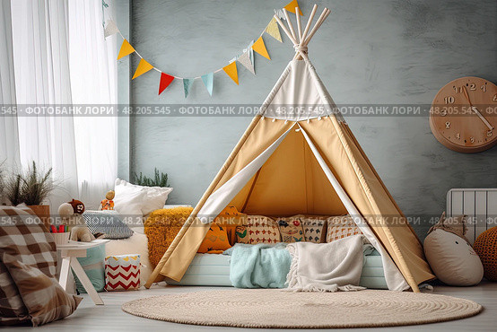 Childs room with teepee tent set up in corner with wooden clock on grey wall. Стоковое AI-изображение, AI-художник Данила Большаков / Фотобанк Лори