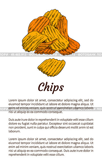 Chips fried potatoes poster with headline. Fast food nutritious cooked meal. American dish salted and fatty slices, text sample vector illustration. Chips Fried Potatoes Poster Vector Illustration. Стоковая иллюстрация, агентство Ingram Publishing / Фотобанк Лори