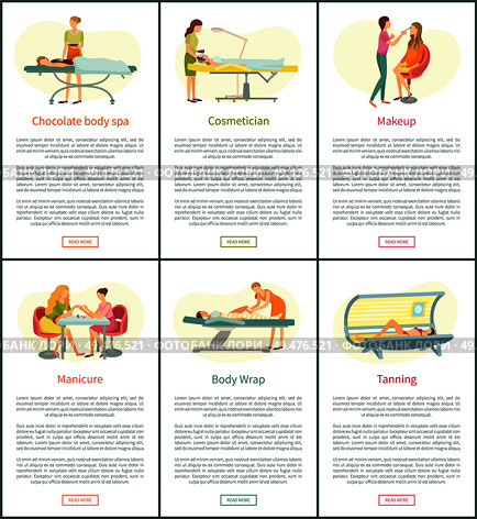 Chocolate body spa and tanning procedure in solarium. Visage makeup and manicure making. Wrap of legs of client, posters set with text sample vector. Chocolate Body Spa and Tanning Posters Vector. Стоковая иллюстрация, агентство Ingram Publishing / Фотобанк Лори