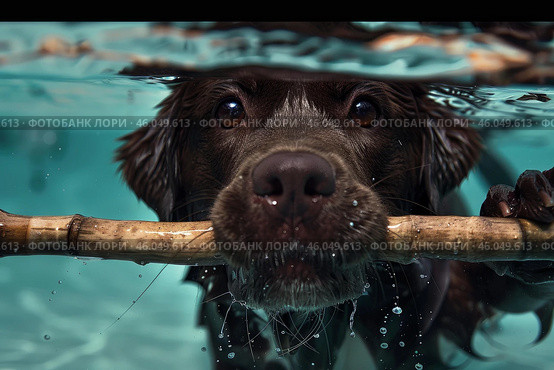 Chocolate labrador retriever fetching stick underwater in swimming pool. Стоковое AI-изображение, AI-художник Иван Рябоконь / Фотобанк Лори