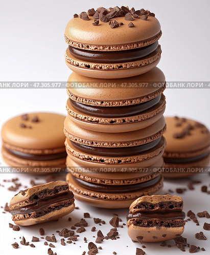 Chocolate macarons tower with ganache filling and chocolate chunks, homemade French pastry dessert, brown macaron cookies stack with dark chocolate pieces on light background, gourmet patisserie. Стоковое AI-изображение, AI-художник Сергей Тимофеев / Фотобанк Лори