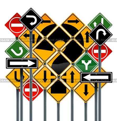 Choosing a strategy or path as a business concept with confusing different yellow red green direction street signs showing dilemma questions looking for solutions for success isolated on white. Стоковое фото, агентство Ingram Publishing / Фотобанк Лори