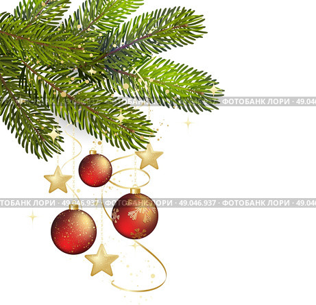 Christmas background Vector illustration.. Winter background with isolated pine branch and baubles. Christmas  tree decoration. Vector illustration. Стоковая иллюстрация, агентство Ingram Publishing / Фотобанк Лори
