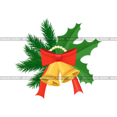 Christmas card with coniferous branches and leaves. Decoration twigs with gold big bells and chaplet with red bow. Icon in realistic style vector isolated. Coniferous Branches and Leaves with Bells Vector. Стоковая иллюстрация, агентство Ingram Publishing / Фотобанк Лори