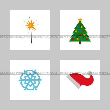 Christmas decoration big fir-tree with colored balls and yellow star with light sparkler, red Santa Claus hat and blue snowflake, vector illustration. Christmas Decoration Fir-tree and Sparkler Vector. Стоковая иллюстрация, агентство Ingram Publishing / Фотобанк Лори
