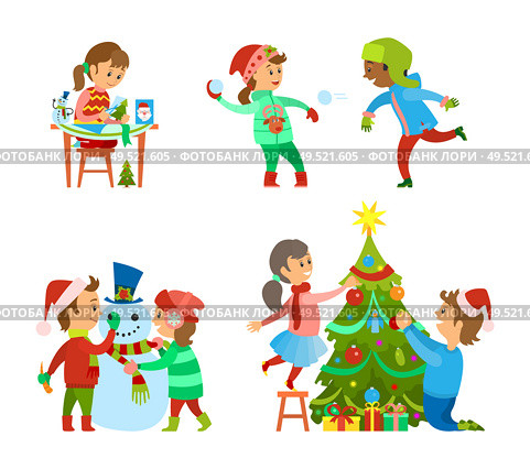 Christmas holidays, evergreen tree decoration vector. Children building snowman, girl making handmade presents. Kids playing snowball fight outdoors. Christmas Holidays Fun, Evergreen Tree Decoration. Стоковая иллюстрация, агентство Ingram Publishing / Фотобанк Лори