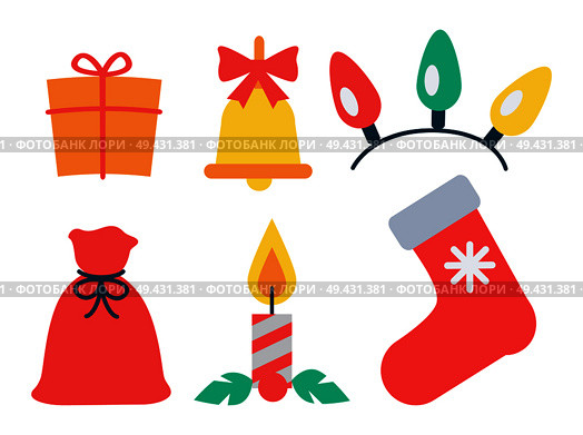 Christmas icon collection, present and bell with red bow, garlands and bag, candle with mistletoe, sock and snowflake isolated on vector illustration. Christmas Icon Collection Vector Illustration. Стоковая иллюстрация, агентство Ingram Publishing / Фотобанк Лори