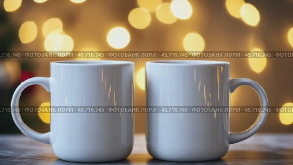 Christmas Mug Mock-Up. Two minimalistic white mugs. Blank white ceramic cups on a desk surface, beautiful warm bokeh lights blurred background. For overlaying your custom quotes, designs for selling. Стоковое AI-видео, аниматор Марина Демидюк / Фотобанк Лори
