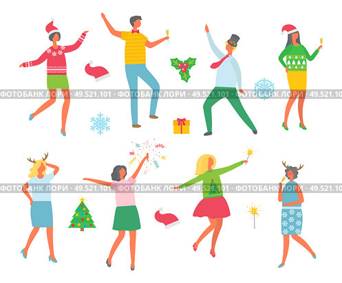 Christmas party people and symbolic winter images isolated icons set on white background. Wreaths with mistletoe and spruce evergreen tree. Man and woman dancing together. Christmas Party People and Symbolic Winter Images. Стоковая иллюстрация, агентство Ingram Publishing / Фотобанк Лори