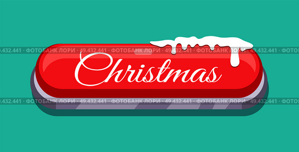 Christmas red web button covered with snow online pushbutton start of New Year concept. Website label, creative interface sign isolated on blue. Christmas Web Button Covered with Snow Vector Icon. Стоковая иллюстрация, агентство Ingram Publishing / Фотобанк Лори