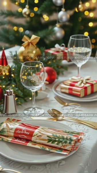 Christmas table setting appearing on white tablecloth. Стоковое AI-видео, аниматор Юрий Поздников / Фотобанк Лори