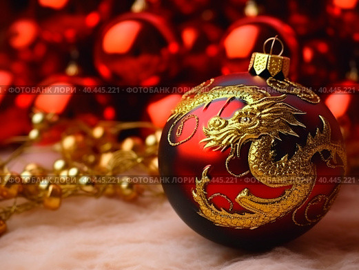 Christmas tree ball with the image of a golden Chinese dragon. Created by AI. Стоковое AI-изображение, AI-художник Ярославский Максим / Фотобанк Лори