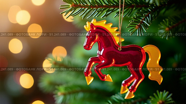 Christmas tree toy - fire horse on a Christmas tree branch. Lights in the background. Copy space. AI generative. Стоковое AI-изображение, AI-художник Роман Дзюбало / Фотобанк Лори