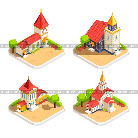 Church 4 Isometric Icons Set. Church historic religious building with steeple tower and churchyard 4 isometric icons set abstract isolated vector illustration  . Стоковая иллюстрация, агентство Ingram Publishing / Фотобанк Лори