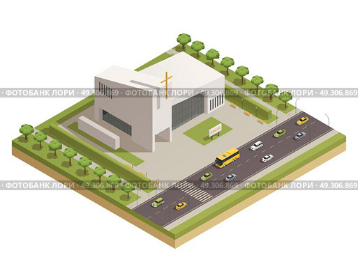 Church Cathedral Road Isometric Composition . Modern protestant church white stone building with cross alongside busy motorway road isometric composition poster vector illustration  . Стоковая иллюстрация, агентство Ingram Publishing / Фотобанк Лори