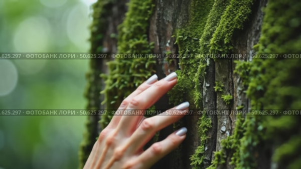 Cinematic close up of female fingers touch gently moss on tree bark. Tender and sensual connection to nature and environment. Conscious traveling and protection innocent forests, ecological problem. Стоковое AI-видео, аниматор Sergey Grishin / Фотобанк Лори