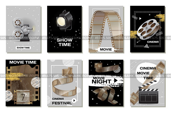 Cinematography cinema and movie equipment banners set, film industry, art and entertainment. Movie spotlight, camera and film strip, movie premiere. Film production vintage equipment for shooting. Cinematography cinema and movie equipment banners set, film industry, art and entertainment. Стоковая иллюстрация, агентство Ingram Publishing / Фотобанк Лори
