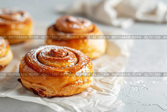 Cinnamon buns on a Scandi table. Image for cafe menu, Banner. Стоковое AI-изображение, AI-художник Ирина Ручушкина / Фотобанк Лори