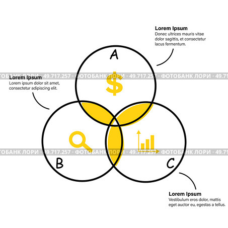 Circle infographics. Template for graph, presentation with idea, goal and research icons. Information with 3 steps. Intersecting circles and sectors. Business analytics, strategy, project development. Circle infographics. Template for graph, presentation with idea and research. intersecting circles. Стоковая иллюстрация, агентство Ingram Publishing / Фотобанк Лори