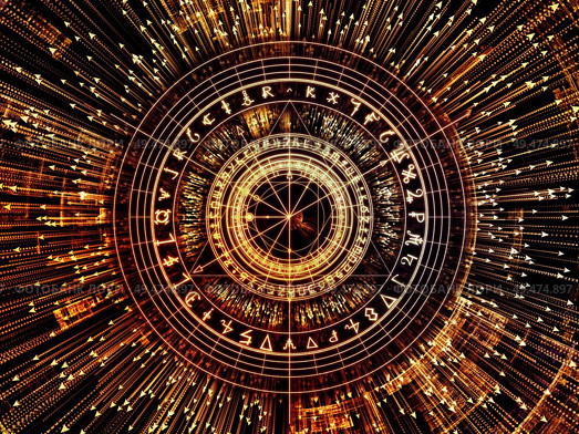 Circle of Meaning series. Abstract design made of sacred symbols, arrows and fractal elements on the subject of spirituality, astrology, divination and magic. Стоковое фото, агентство Ingram Publishing / Фотобанк Лори