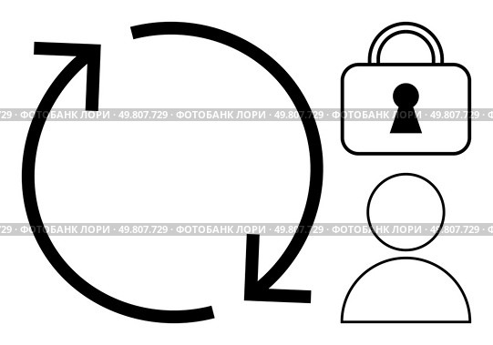 Circular arrows indicating a cycle next to a lock symbolizing security and a user icon. Ideal for cybersecurity, user privacy, data protection, secure login, software updates, access control. Data Security and User Privacy Concept Illustrated with Circular Arrows, Lock, and User Icon. Стоковая иллюстрация, агентство Ingram Publishing / Фотобанк Лори