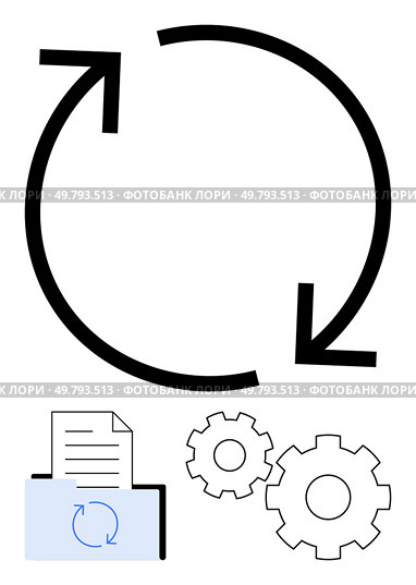 Circular arrows indicating a loop action, document with similar icon, and gears symbolizing system or process workflow. Ideal for update processes, data synchronization, workflow automation. Circular arrows with document, gears for updates or process optimization, and file management. Стоковая иллюстрация, агентство Ingram Publishing / Фотобанк Лори