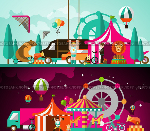 Circus entertainment attractions day and night performances background vector illustration. Стоковая иллюстрация, агентство Ingram Publishing / Фотобанк Лори