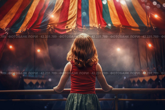 Circus tent arena performer child girl. Generate Ai. Стоковое AI-изображение, AI-художник Иван Рябоконь / Фотобанк Лори