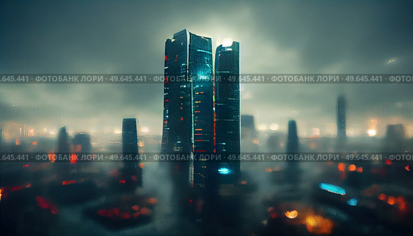 City in virtual reality, aerial view of cyberpunk city under gray storm clouds. City in virtual reality. Стоковое фото, агентство Ingram Publishing / Фотобанк Лори