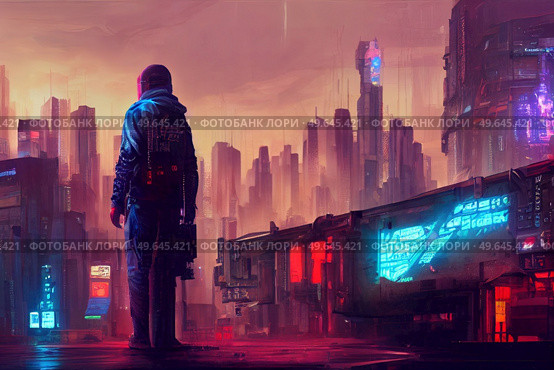 City in virtual reality, one man or woman walking cyberpunk city street in neon lights. City in virtual reality. Стоковое фото, агентство Ingram Publishing / Фотобанк Лори